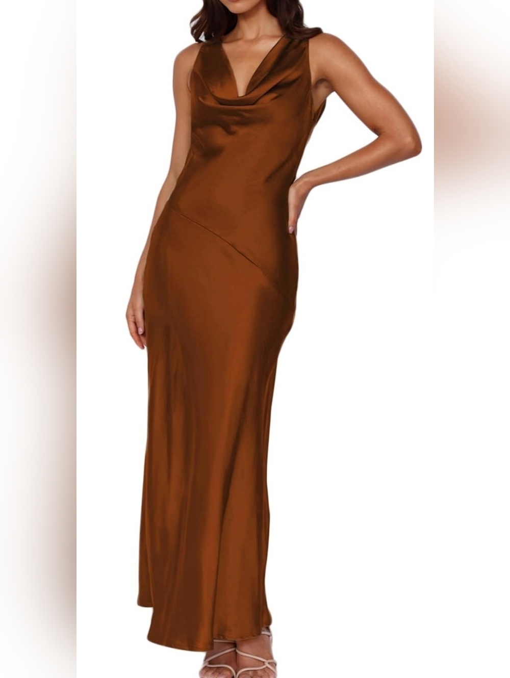 Satin Cowl Neck Slip Dress in Brown